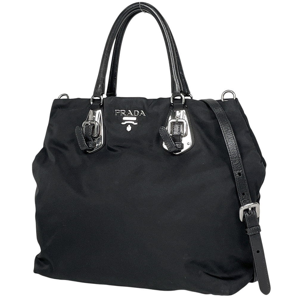 Prada Tessuto Leather Tote buckle details Black